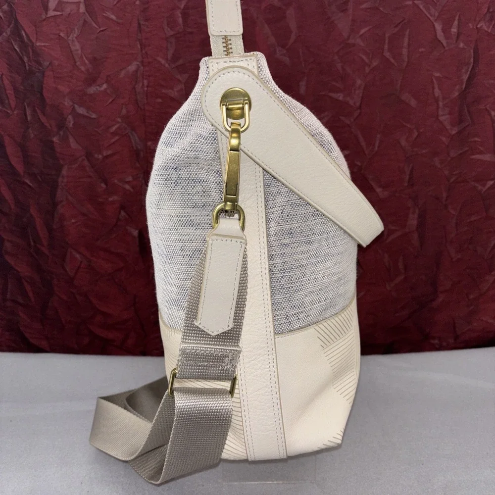 Fossil Maya Collection Hobo Cream & Blue Leather Canvas Adjustable Crossbody EUC